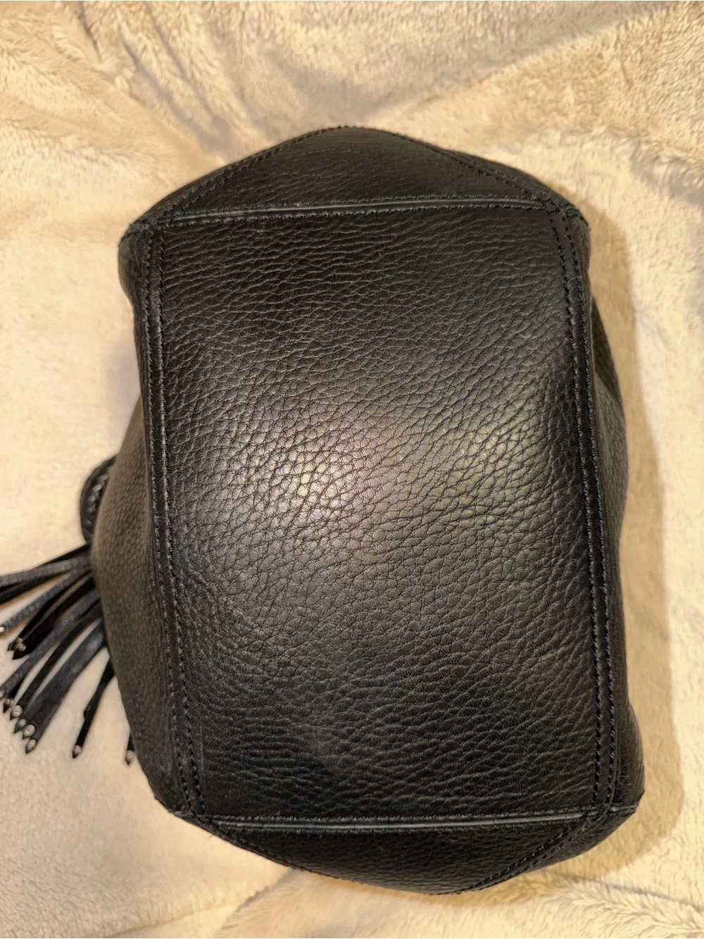 Cole Haan Black Pebbled Leather Bucket Bag Drawstring Tassel Braided Handle Tote